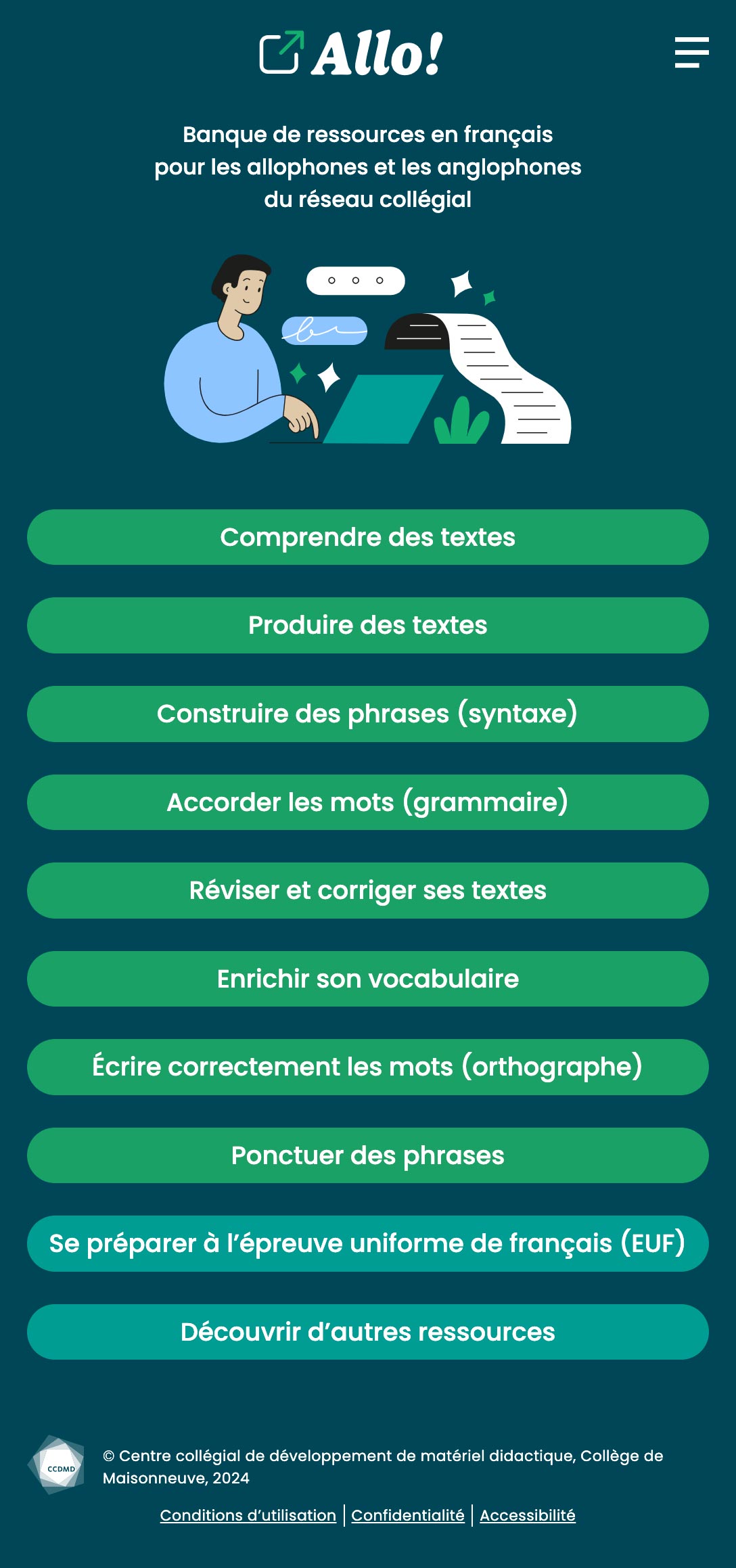 Menu des 10 sections présenté en page d’accueil du site : Comprendre des textes, Produire des textes, Construire des phrases (syntaxe), Accorder les mots (grammaire), Réviser et corriger ses textes, Enrichir son vocabulaire, Écrire correctement les mots (orthographe), Ponctuer des phrases, Se préparer à l’épreuve uniforme de français (EUF) et Découvrir d’autres ressources.